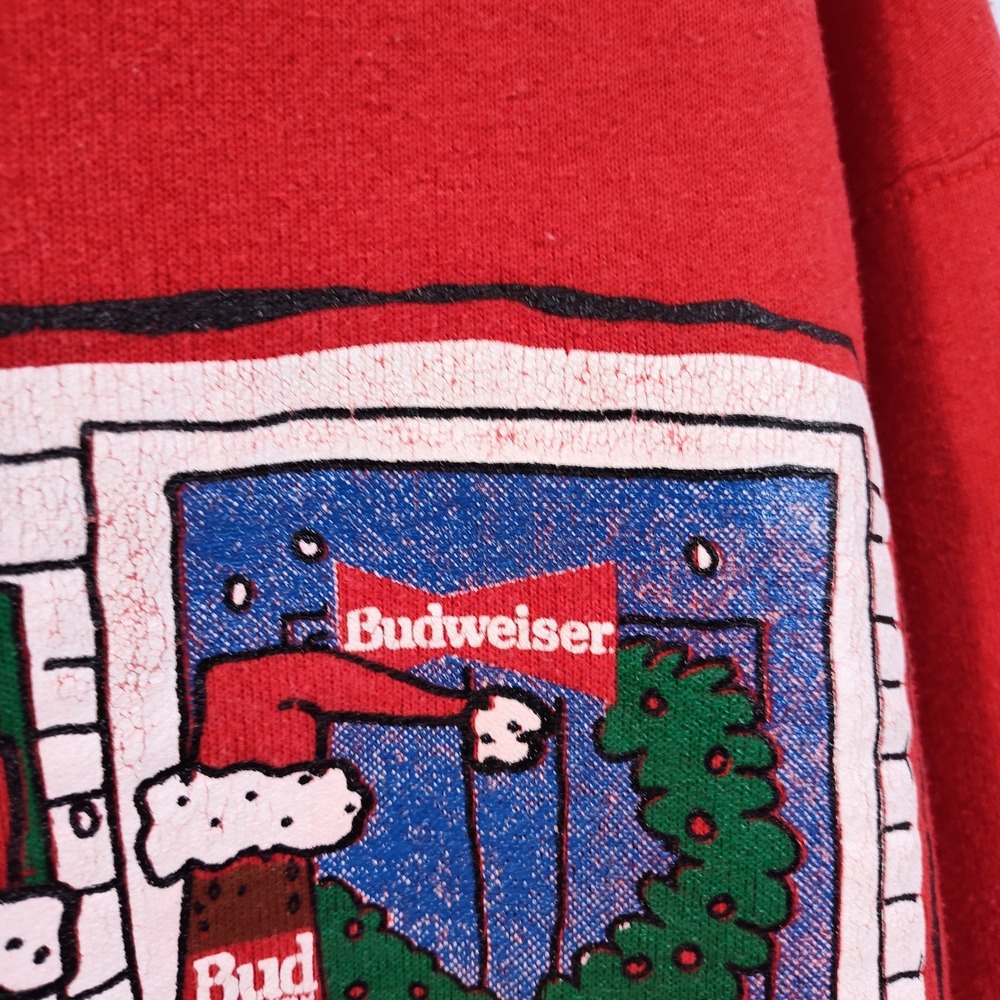 Budweiser sweatshirt large Christmas red vintage Four Buds A Calling ✔️ pics USA - Picture 3 of 9